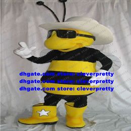 Knappe mascotte kostuum gele zwarte bij honeybee wesp hornet bumble vespid volwassen dunne tentakels grote witte ronde hoed nr. 8162 fs
