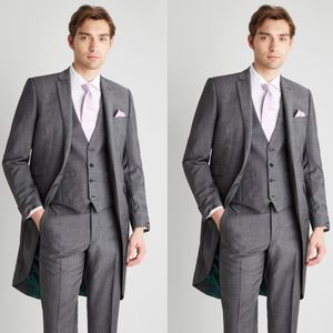 Knappe Mens Prom Tuxedos Past Grijs Lange Gekeerde Revers Bruidegom Dragen Bruiloft Pakken Party Blazer (Jack + Vest + Pants)