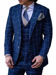 Knappe marineblauw Slim Controle Plaid Mens Suits voor bruiloft bruidegom Tuxedos 3 stuks Set mannelijke busin tuxedos terno masculino S7U4#