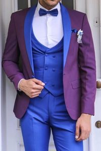 Beau un bouton bordeaux marié Tuxedos châle revers hommes costumes 3 pièces mariage/bal/dîner Blazer (veste + pantalon + gilet + cravate) W646