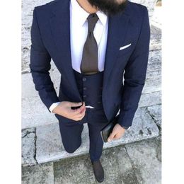 Knappe One Button Navy Blue Groom Tuxedos Notch Revers Mannen Past 3 Stuks Bruiloft / Prom / Diner Blazer (Jacket + Pants + Vest + Tie) W645