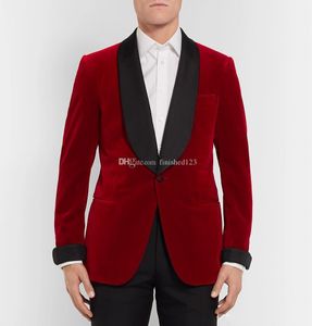Guapo un botón terciopelo rojo boda novio esmoquin chal solapa padrino hombres trajes Prom Blazer (chaqueta + Pantalones + corbata) NO: 1879