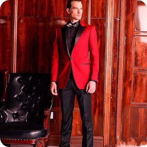 Knappe Rode Bruidegom Tuxedos Black Peak Revers Groomsmen Bruiloft Tuxedos Mode Mannen Formele Blazer Prom Jacket Pak (Jas + Broek + Tie) 1703