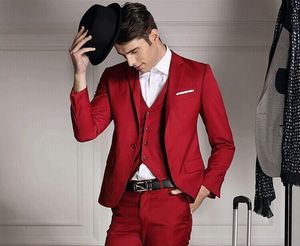 Beau smoking de marié rouge coupe cintrée, robe de mariée pour hommes, vêtements de bal (veste + pantalon + cravate + gilet) NO 552