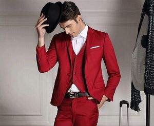 Knappe Slim Fit Side Vent Rode Bruidegom Tuxedos Heren Trouwjurk Prom Kleding (Jas + Broek + Tie + Vest) Nr. 552