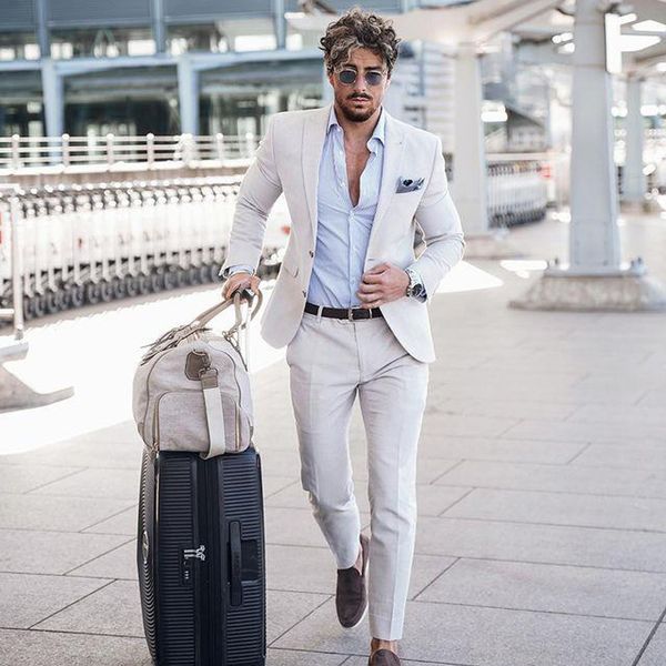 Beau été lin hommes personnalisé mariage Tuxedos Slim Fit deux boutons veste fête d'affaires bal Blazer 2 pièces