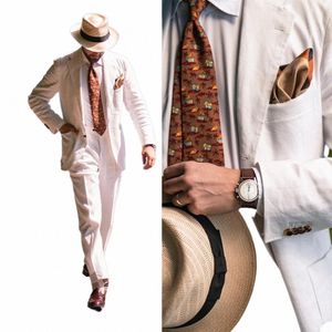 Knappe Zomer Mannen Blazer Suits Vintage Linnen Casual Single Breasted Custom Made Witte Tuxedos Strand Streetwear Jas b82H #