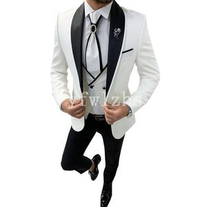 Beaux costumes blancs pour hommes, châle à revers, Tuxedos de marié, mariage/bal/dîner, Blazer, veste, pantalon, gilet, cravate, N048