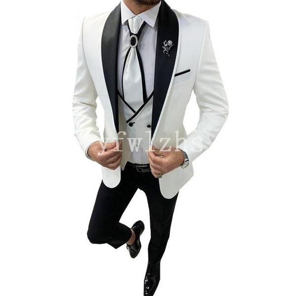 Trajes de hombre blanco guapo chal solapa novio esmoquin padrino boda/graduación/cena hombre Blazer chaqueta pantalones chaleco corbata N048