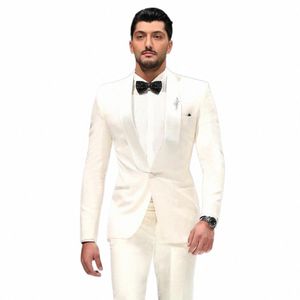 Beau costume pour hommes blancs Slim Fit Blazer Ensembles pour Busin Châle Revers Tuxedos 2 pièces Veste et pantalon de mariage Groom Wear C3Ml #