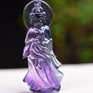 Traîet à la main Carve Rainbow Fluorite Chinoise Lady Buddha Guan Kwan Yin Pendentif Pendentif Bodhisattva Amulet Talisman Naturel Cristal Stone Patron Saint Charme 35 * 15 * 8mm