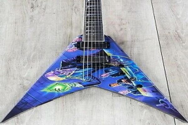 Travail manuel Dave Mustaine Rust in Peace Blue Flying V Guitare électrique Pickups actifs 9V Battre de batterie noire nage