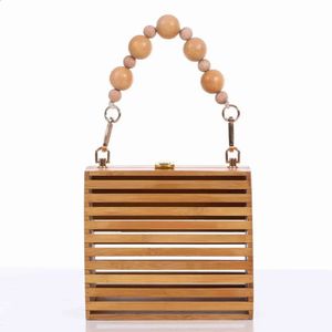 Handwoven tas mode houten emmer kralen holle ontwerp schoudertassen 2023 dames retro eenvoudige bamboe handtas 240430