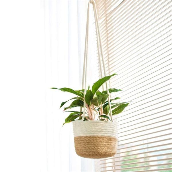 Cesta de plantas de plantador para colgar a mano con cordón de algodón de yute Pot de flores de interior Macrame Macrame Organizador de almacenamiento Decoración del hogar DROP 210922