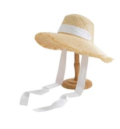 Handweven stro stro hoed vrouwelijke brede zon hoed dames strand mode kanten streamer sunsn white9830319