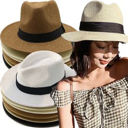 Handweven stro Sun Hat Solid Color Summer Beach Vakantie Panama Jazz Sunscreen Women Hawaii Trend Sunshade Gangster Bucket Cap 240429