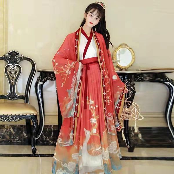 Hanfu – robe de danse traditionnelle chinoise pour femmes, Costume de Cosplay féerique, bleu rouge, pour femmes et filles