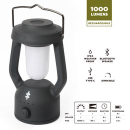 Lanterne LED rechargeable Hangen avec haut-parleur Bluetooth, IPX4 résistant aux intempéries, intensité variable, 1000 lumens