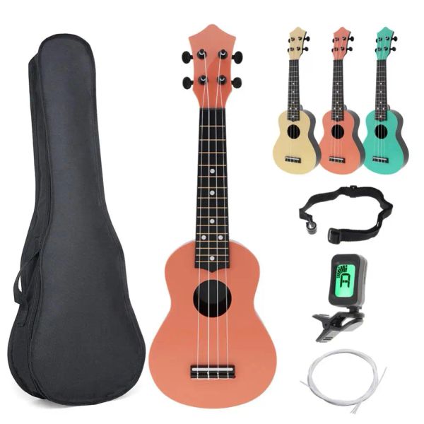 Cintre 21 pouces soprano ukulélé acoustique coloré 4 cordes hawaï guitare + sac + tuner + sangle + corde pour enfants et musique débutant