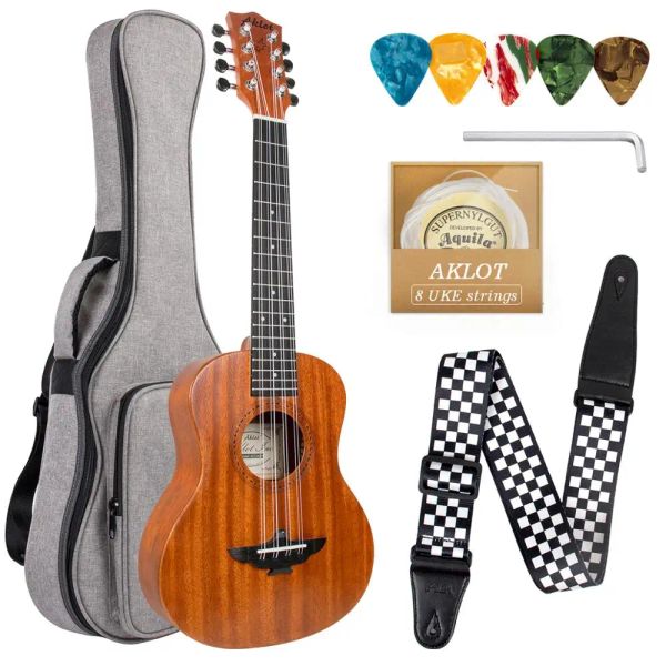 Colgador aklot 8 string ukulele tenor caoba 26 pulgadas 18 trastes guitarra hawaiiana con bolsas con correa para regalos amante de la música