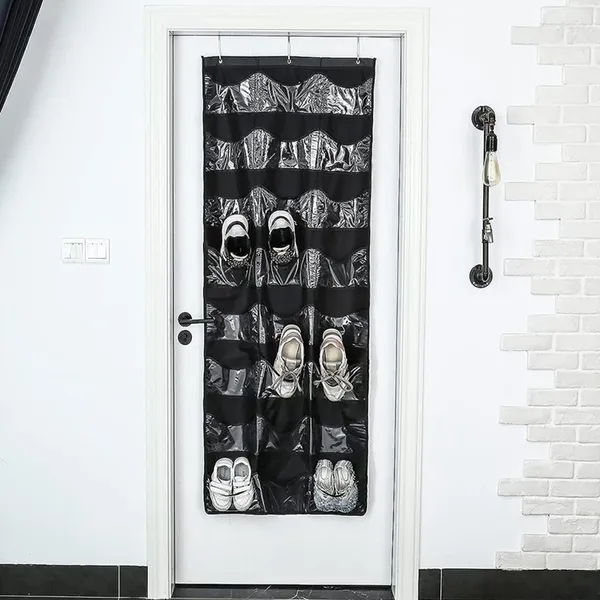 Cintres 2 pcs au-dessus de la porte 24 Mesh Pocket suspendue noir 164x69cm pour le placard entrée de taille moyenne porte-chaussures.