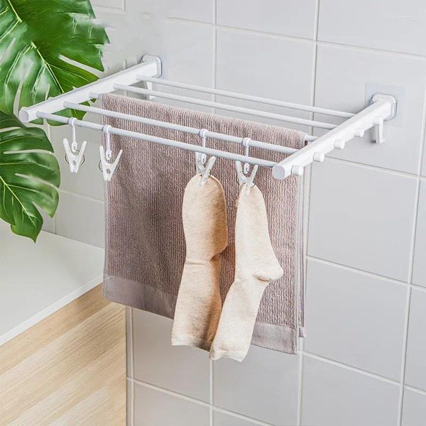 Cintres 2024 salle de bain intérieure barre de serviette pliante bande sans trace avec pince à chaussettes balcon simple support de séchage invisible organisateur