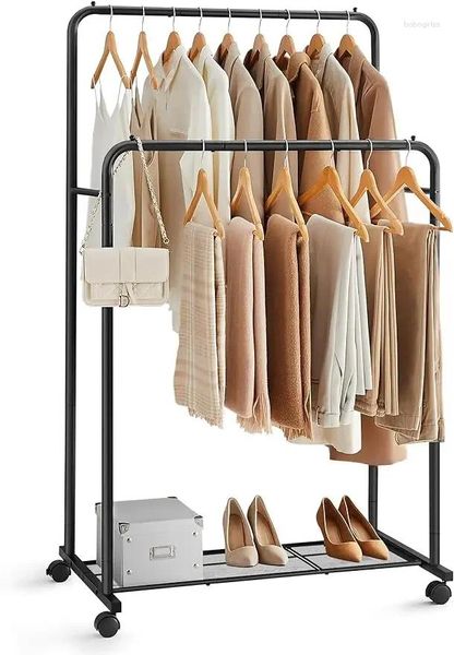 Cintres portant à vêtements à double tige avec roulettes, étagère en maille pour vêtements, chaque tige peut contenir jusqu'à 66 lb