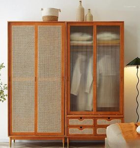 Hangers Japanse stijl massief hout rotan geweven kledingkast Twee deurs slaapkamer opslag Minimalistische kleine eenheid