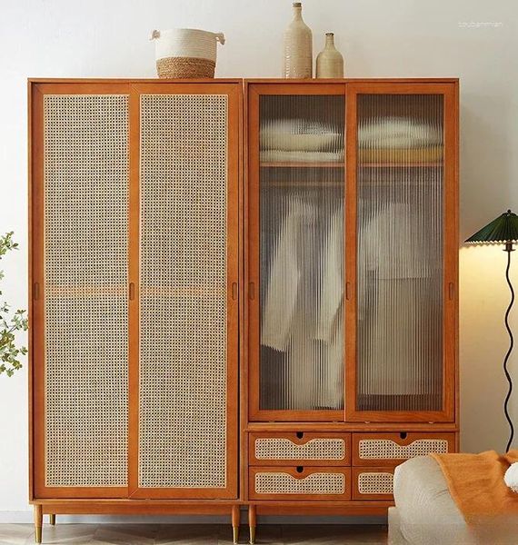 Cintres de style japonais en bois massif et rotin tissé, armoire à deux portes, rangement de chambre à coucher, petite unité minimaliste