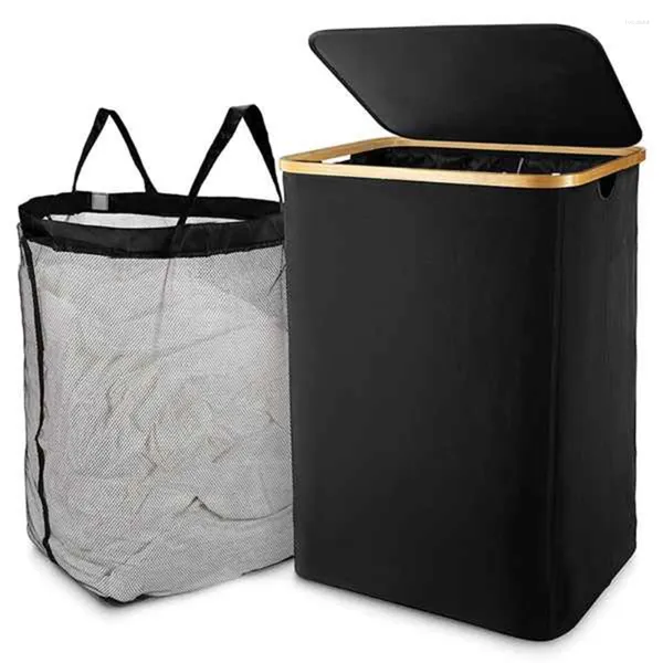 Cintres panier à linge avec couvercle noir sac amovible-trieur pour salle de bain chambre