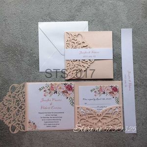 Cintres Racks 1fullset rose clair perle papier découpé au laser carte d'invitation de mariage avec ruban personnalisé mariage décor fête fournitures x0710
