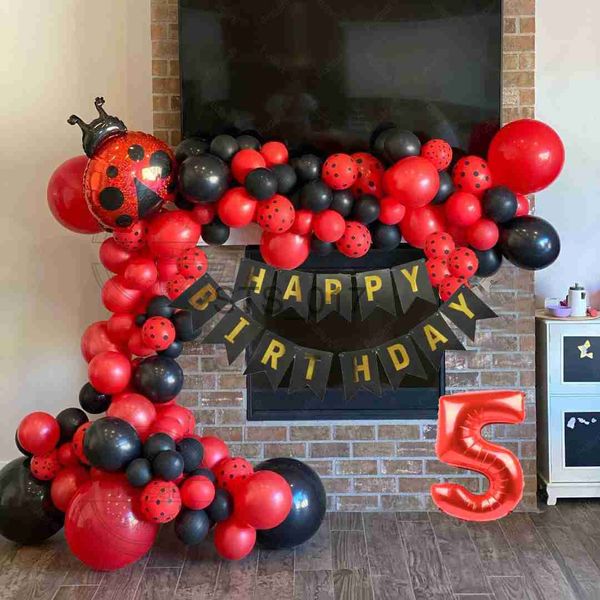 Perchas Bastidores 99pcs Lady bug Foil Globos Garland Arch Kit Red Number Foil Ballon 1-9 Black Dot Happy Birthday Banner Party Decors Air Globo x0710