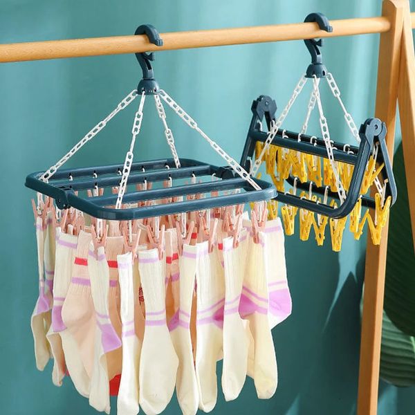 Perchas Bastidores Tendedero a prueba de viento para niños Multi Clip Calcetín Colgar Ropa plegable Percha 32 Clips Almacenamiento Calcetines de plástico 230721