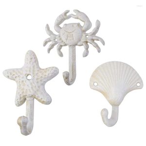 Juego de 3 perchas de estrella de mar, concha marina, cangrejo, hierro fundido, ganchos de pared decorativos, abrigos, delantales, toallas, playa, océano, tema de Metal