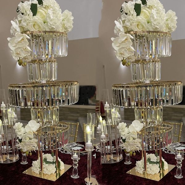 Cristal suspendu) Décoration de mariage Vase en verre transparent à rayures à rayures Grands fleurs Vase décorative Vase Metal Trumpet Vase Vase Vase Stand Gold Stable Centre maître