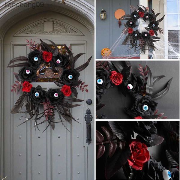 Guirnalda floral de imitación colgante con enredaderas de rosas negras y rojas | ojos iluminados | Adorno Navideño Gnomos Guirnalda Navidad L230620