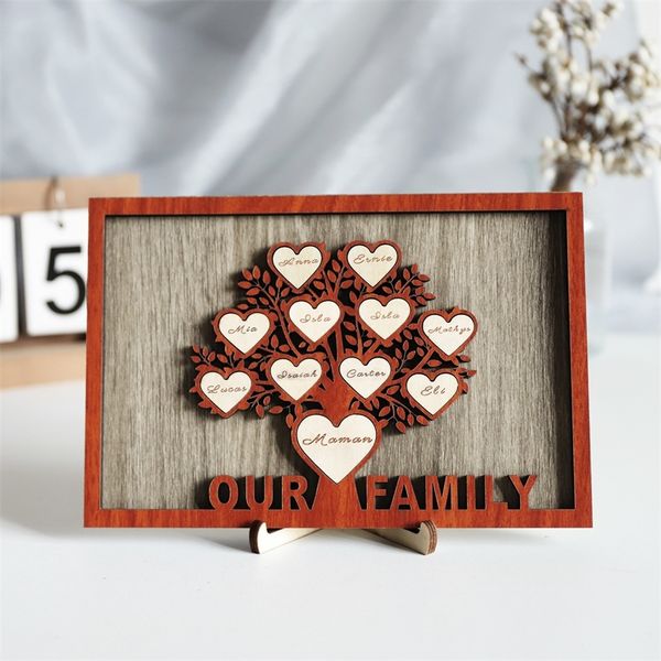 Hanging Hearts Family Tree Sign Frame Incisione laser personalizzata Nomi e testo Decorazioni desktop fai-da-te in legno Regalo di famiglia 111 Nome 220623