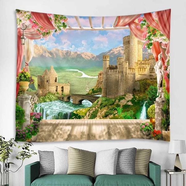 suspendu à vue sur la mer Tapisses murales beaux paysages de forêt de montagne naturels tapisserie antique château de château décoration de maison r0411