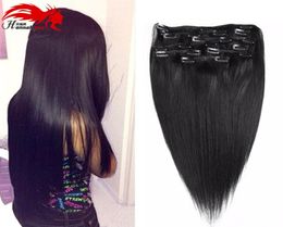 Hannah Braziliaans maagdelijk haar Recht Clip-in Extensions van echt haar 20 inch Volledig hoofd 1B Zwart Zacht Remy Menselijk haar Clip-in Extens3683464