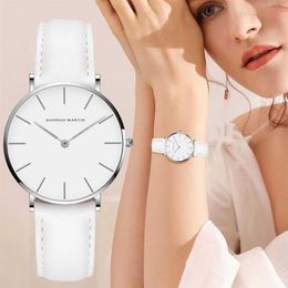 Hannah Martin Casual Ladies Watch avec bracelet en cuir étanche femmes montres argent Quartz montre-bracelet blanc Relogio Feminino 210237V