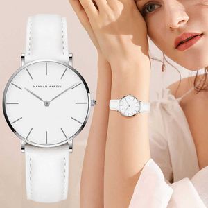 Reloj informal Hannah Martin para mujer con correa de cuero, relojes impermeables para mujer, reloj de pulsera de cuarzo plateado, reloj femenino blanco 210325