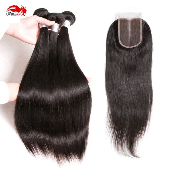 Hannah Product Hot Sale 4pcs/Lote 1 pieza Bundles 3pcs Capilla de cabello vírgenes humano con cierre para la cabeza completa recta