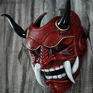 Hannya Demon Masker Japanse Oni Samurai Noh Kabuki Rode Prajña Latex Maskers Volwassen Unisex Halloween Cosplay Props L230704