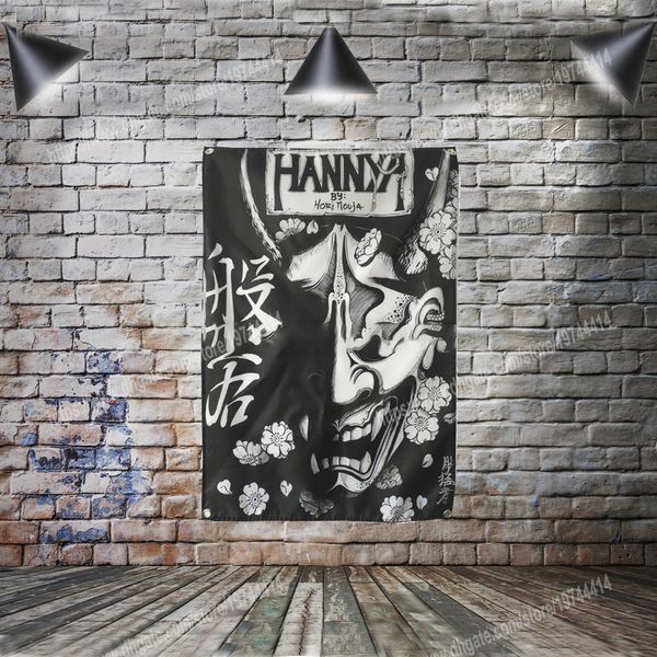 Hannya Japanese Tattoo Poster Bandiere Banner Decorazioni per la casa Bandiera appesa 4 Gromments negli angoli 3 * 5FT 96 * 144 cm Pittura Wall Art Print Poster