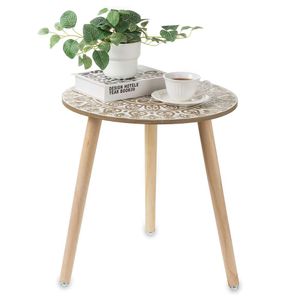 Hanobe Petit Cercle Latéral : Café Salon Style Bohème Blanc et Marron Chambre Table de Chevet Décoration de Maison de Ferme avec 3 Pieds en Bois Facile à Assembler