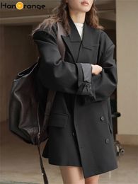 HanOrange printemps mode rétro large épaule Double boutonnage costume manteau femmes 3D droit Blazer BlackOat 240321