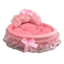 Hanpanda Fantasy Bow Lace Cama para perros pequeños 3D Desmontable Oval Pink Princess Cama para mascotas Cesta para perros Muebles de boda para mascotas 231226