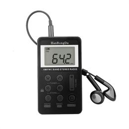 HanRongDa Mini Radio portátil AM/FM receptor de bolsillo estéreo de doble banda con batería pantalla LCD auricular HRD-103