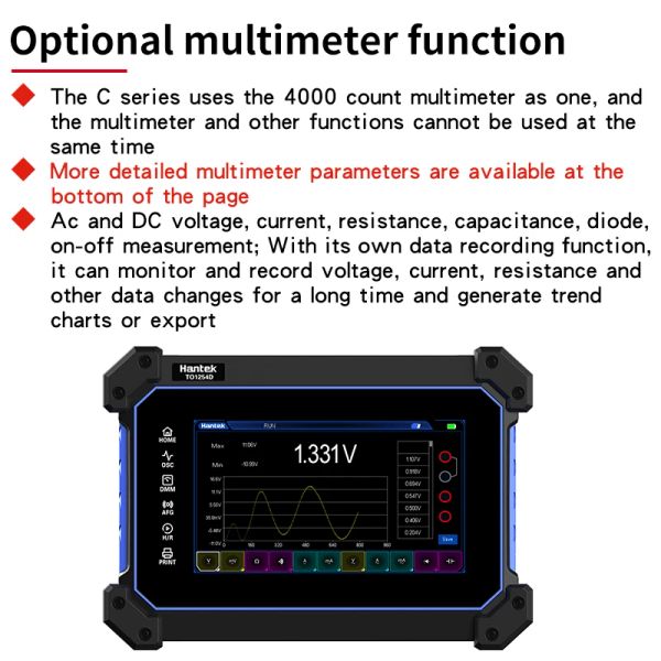 Oscilloscope numérique de l'écran tactile à la main Hantek à1154d à1254d 250 MHz 1gs / s 4 canaux + multimètre + générateur de signal 25 MHz