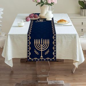 Hanukkah Linen Table Runner Decoración de la mesa Janukah Estrella de David Runners de mesa judía para mesa de comedor Hanukkah Decoración